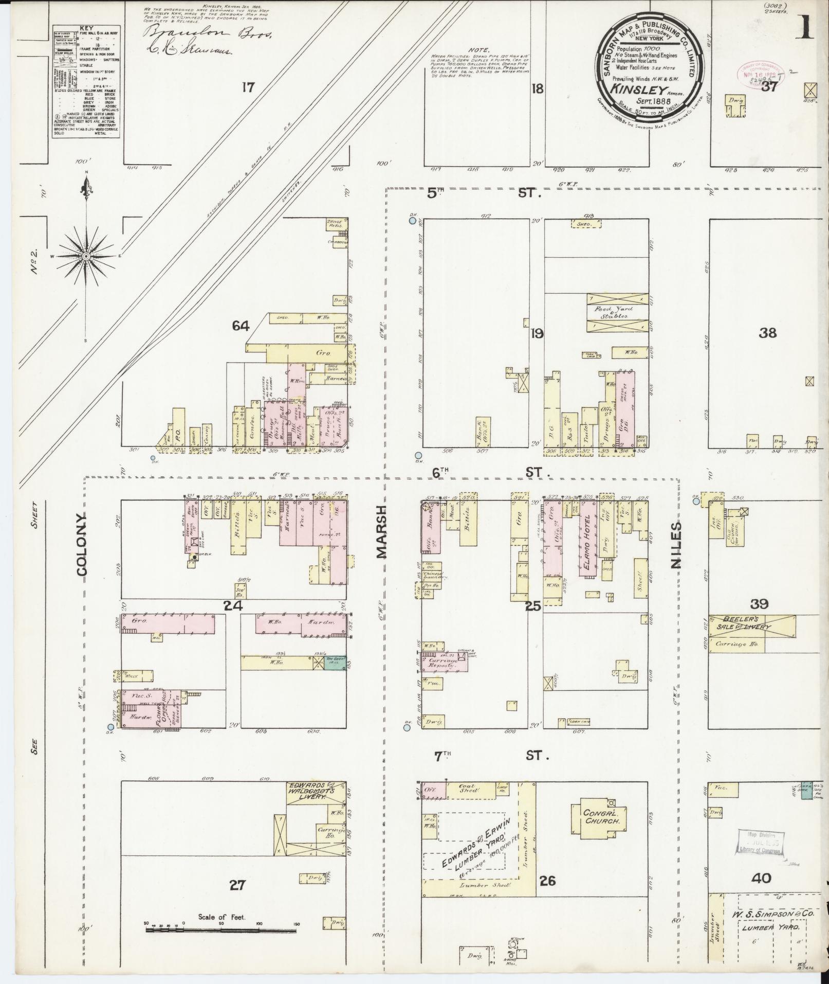 Sanborn Fire Insurance Map from Kinsley, Edwards County, Kansas (1888), Sheet #0001 - Historic Sanborn Fire Insurance Map Print, vintage old map wall art, antique decor, genealogy gift, Kansas Kansas map