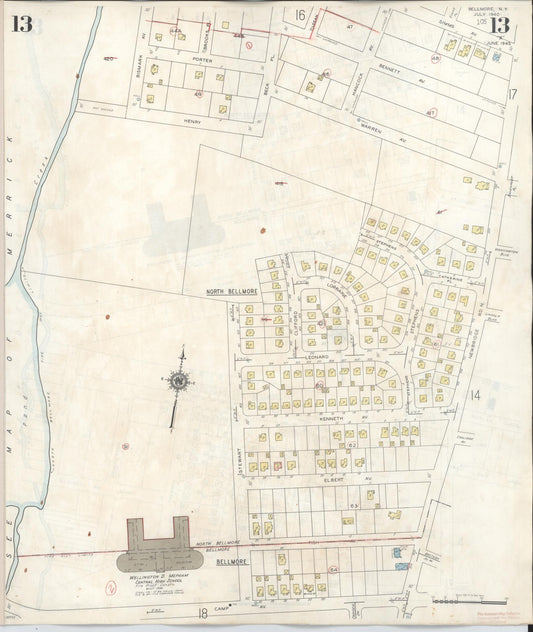 Sanborn Fire Insurance Map from Bellmore, Nassau County, New York (1945), Sheet #0013 - Historic Sanborn Fire Insurance Map Print, vintage old map wall art, antique decor, genealogy gift, New York New York map