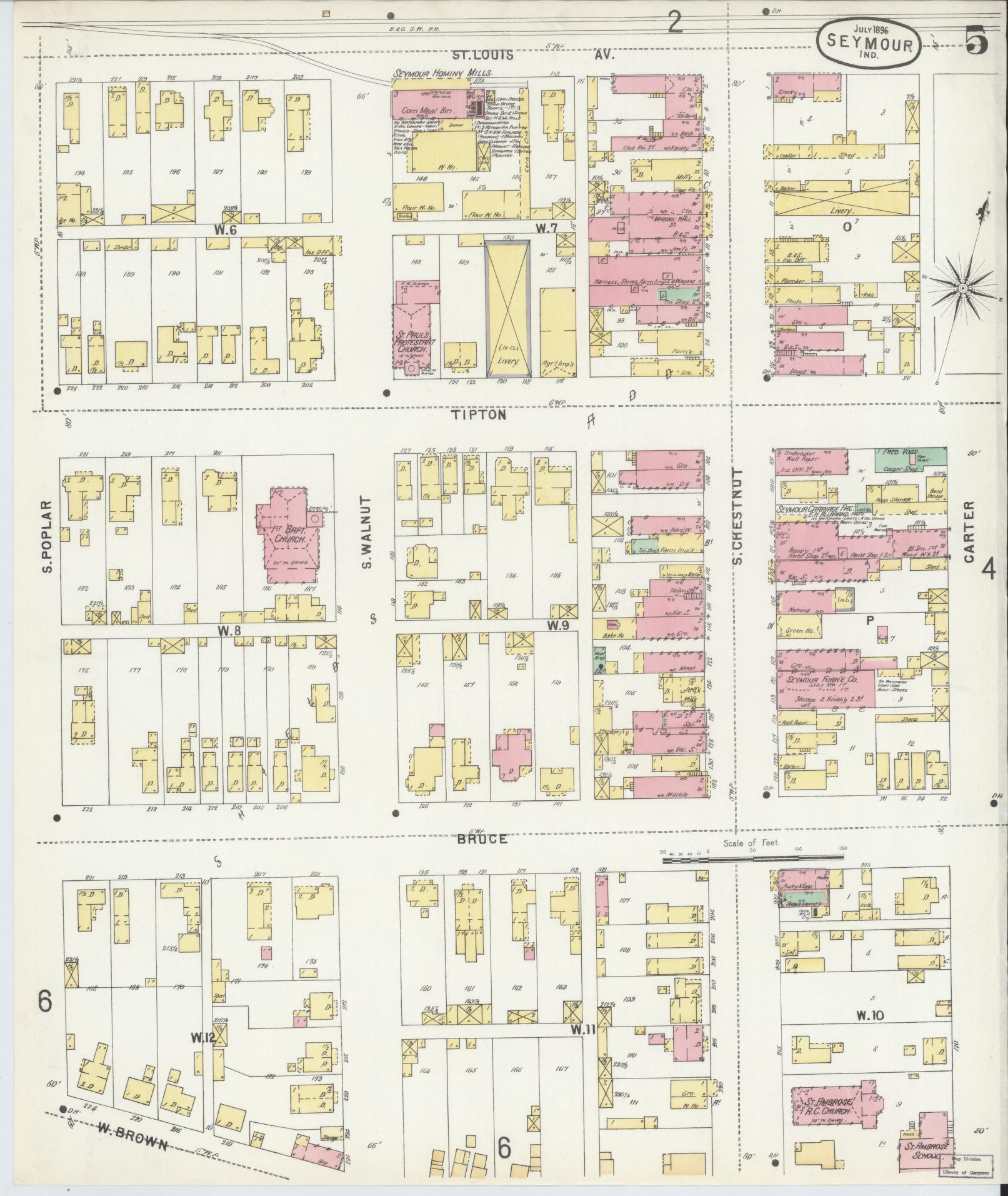 Sanborn Fire Insurance Map from Seymour, Jackson County, Indiana (1896), Sheet #0005 - Complete Map Set gallery image, historic Sanborn map, vintage wall art, Indiana Indiana