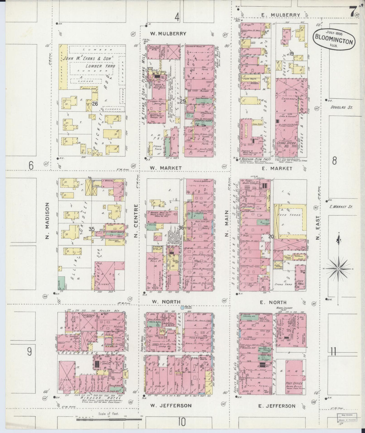 Sanborn Fire Insurance Map from Bloomington, McLean County, Illinois (1896), Sheet #0007 - Historic Sanborn Fire Insurance Map Print, vintage old map wall art, antique decor, genealogy gift, Illinois Illinois map