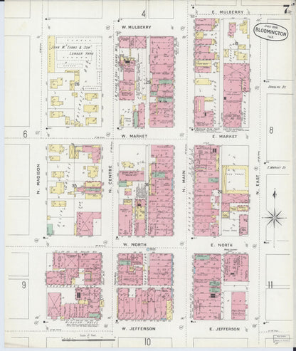 Sanborn Fire Insurance Map from Bloomington, McLean County, Illinois (1896), Sheet #0007 - Historic Sanborn Fire Insurance Map Print, vintage old map wall art, antique decor, genealogy gift, Illinois Illinois map
