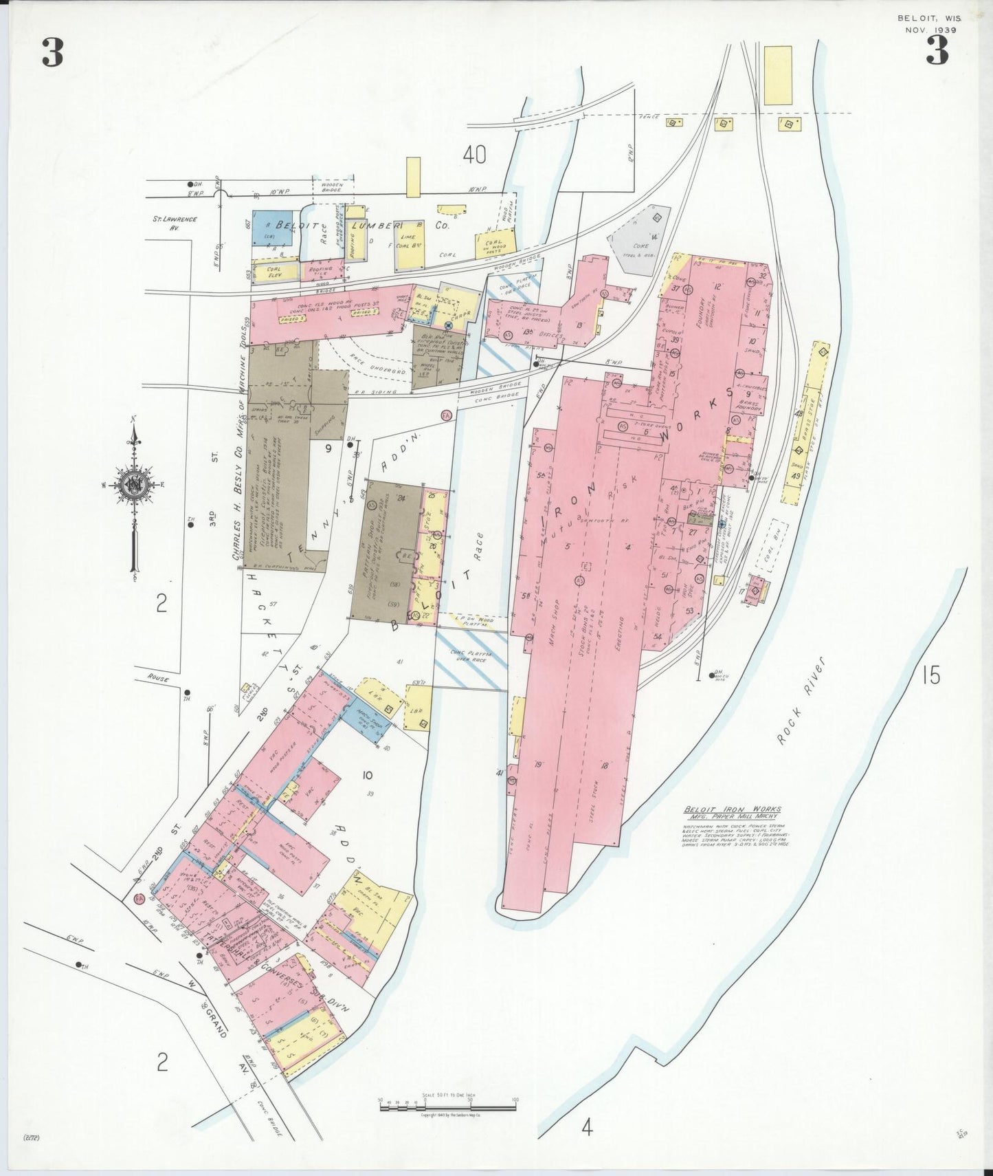Sanborn Fire Insurance Map from Beloit, Rock County, Wisconsin (1939), Sheet #0003 - Historic Sanborn Fire Insurance Map Print, vintage old map wall art, antique decor, genealogy gift, Wisconsin Wisconsin map