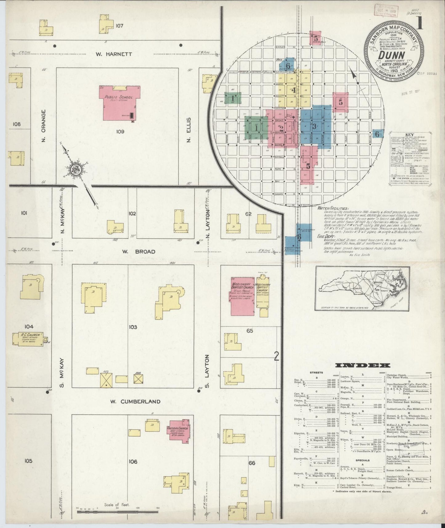 Sanborn Fire Insurance Map from Dunn, Harnett County, North Carolina (1913), Sheet #0001 - Complete Map Set gallery image, historic Sanborn map, vintage wall art, North Carolina North Carolina