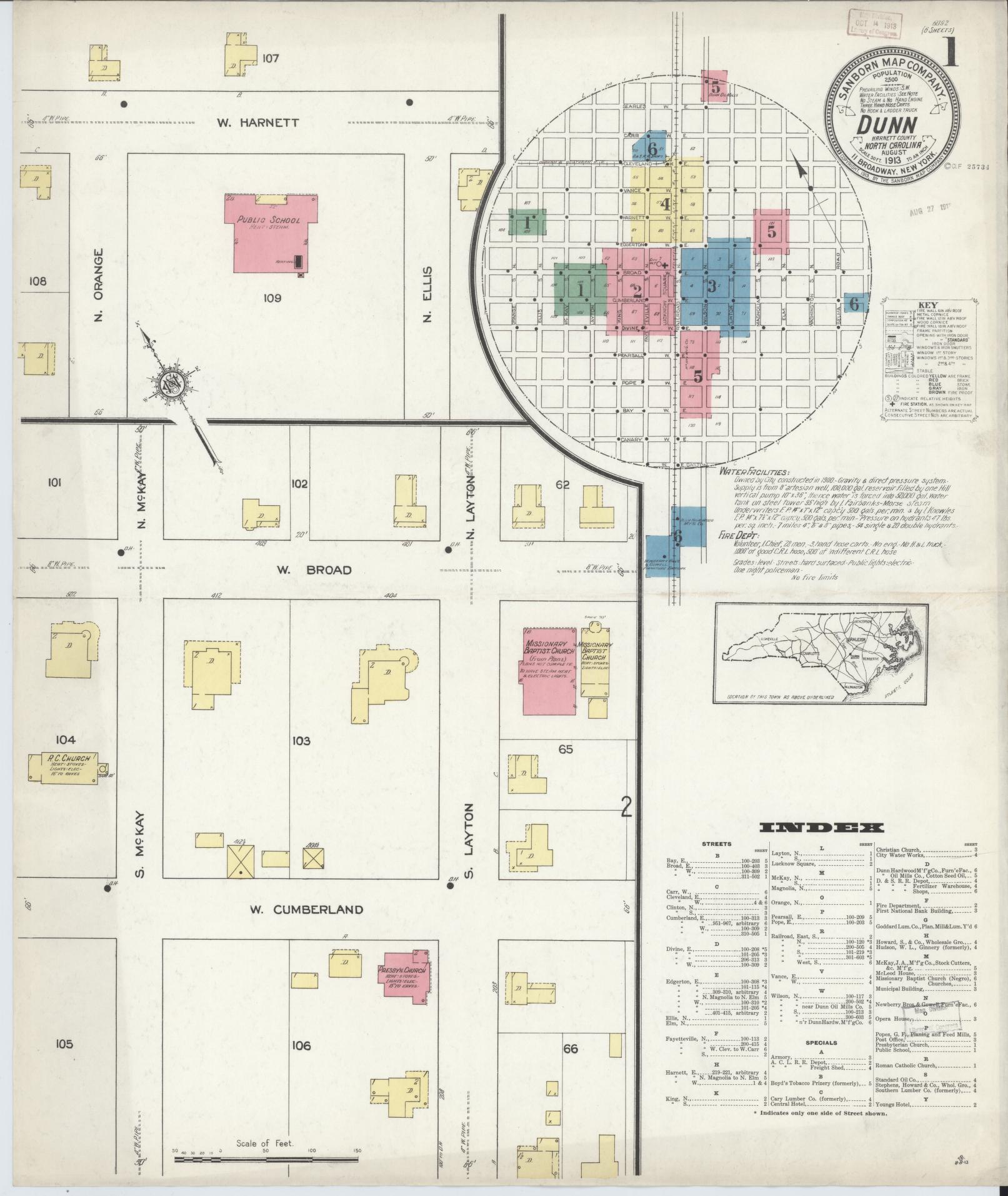 Sanborn Fire Insurance Map from Dunn, Harnett County, North Carolina (1913), Sheet #0001 - Complete Map Set gallery image, historic Sanborn map, vintage wall art, North Carolina North Carolina