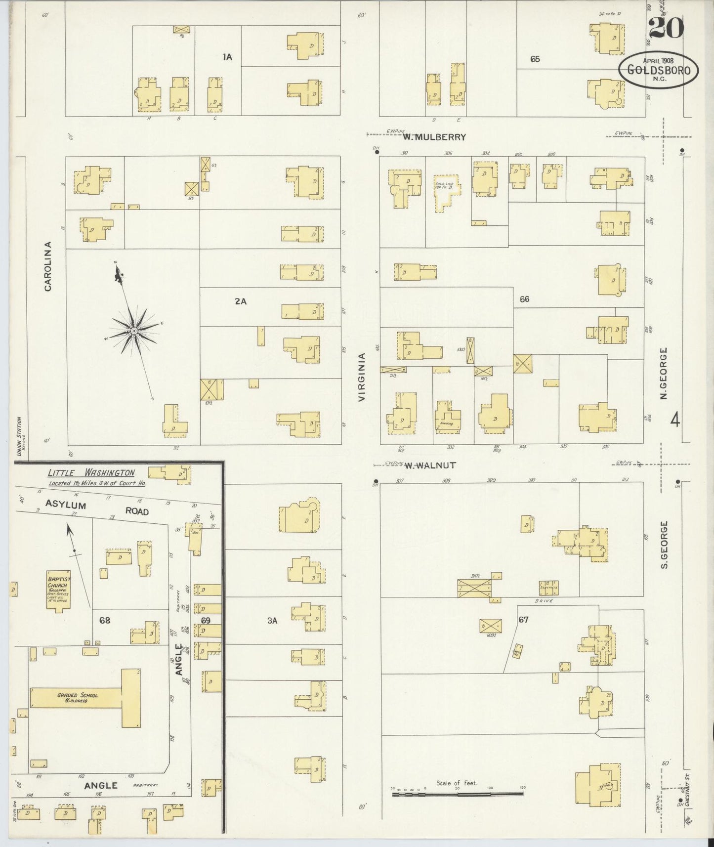 Sanborn Fire Insurance Map from Goldsboro, Wayne County, North Carolina (1908), Sheet #0020 - Complete Map Set gallery image, historic Sanborn map, vintage wall art, North Carolina North Carolina