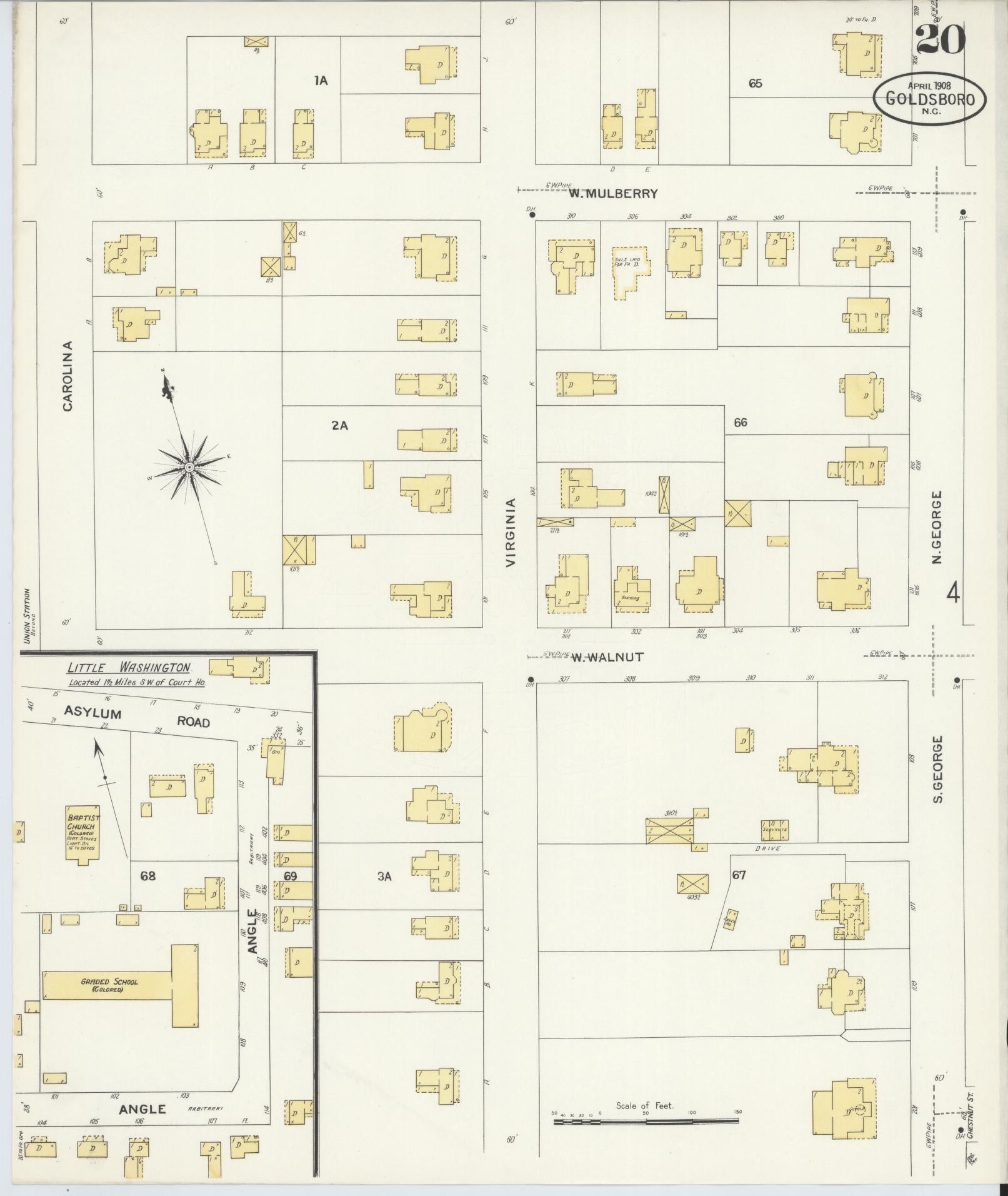Sanborn Fire Insurance Map from Goldsboro, Wayne County, North Carolina (1908), Sheet #0020 - Complete Map Set gallery image, historic Sanborn map, vintage wall art, North Carolina North Carolina