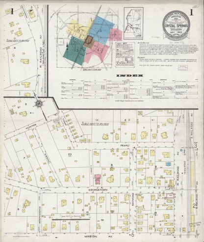 Sanborn Fire Insurance Map from Crystal Springs, Copiah County, Mississippi (1925), Sheet #0001 - Complete Map Set gallery image, historic Sanborn map, vintage wall art, Mississippi Mississippi