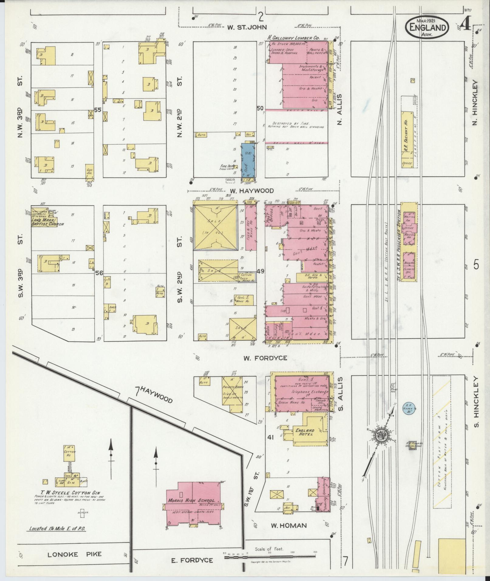 Sanborn Fire Insurance Map from England, Lonoke County, Arkansas (1921), Sheet #0004 - Historic Sanborn Fire Insurance Map Print, vintage old map wall art, antique decor, genealogy gift, Arkansas Arkansas map