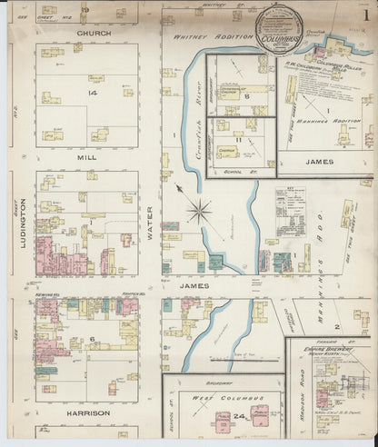 Sanborn Fire Insurance Map from Columbus, Columbia and Dodge County, Wisconsin (1885), Sheet #0001 - Complete Map Set gallery image, historic Sanborn map, vintage wall art, Wisconsin Wisconsin