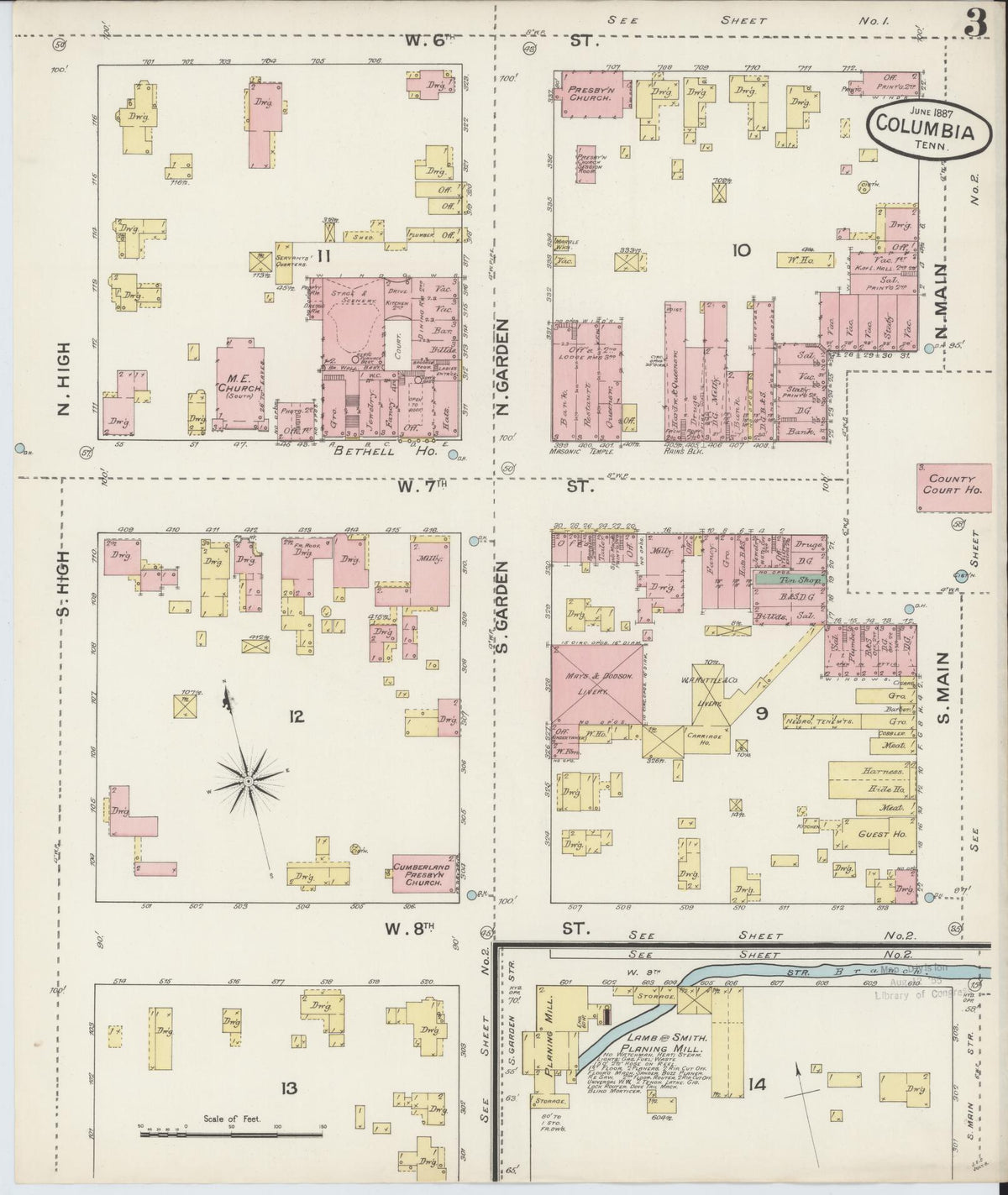 Sanborn Fire Insurance Map from Columbia, Maury County, Tennessee (1887), Sheet #0003 - Complete Map Set gallery image, historic Sanborn map, vintage wall art, Tennessee Tennessee