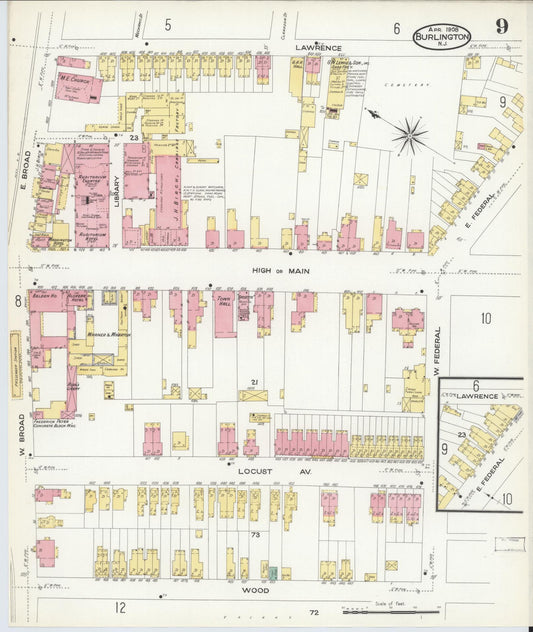 Sanborn Fire Insurance Map from Burlington, Burlington County, New Jersey (1908), Sheet #0008 - Historic Sanborn Fire Insurance Map Print, vintage old map wall art, antique decor, genealogy gift, New Jersey New Jersey map