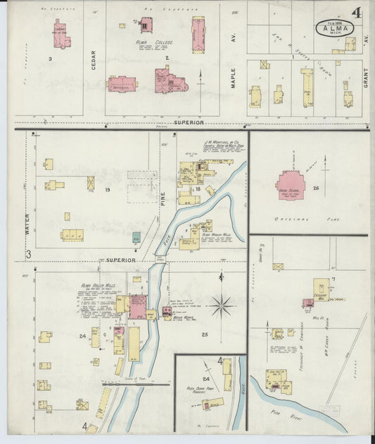 Sanborn Fire Insurance Map from Alma, Gratiot County, Michigan (1896), Sheet #0004 - Historic Sanborn Fire Insurance Map Print, vintage old map wall art, antique decor, genealogy gift, Michigan Michigan map