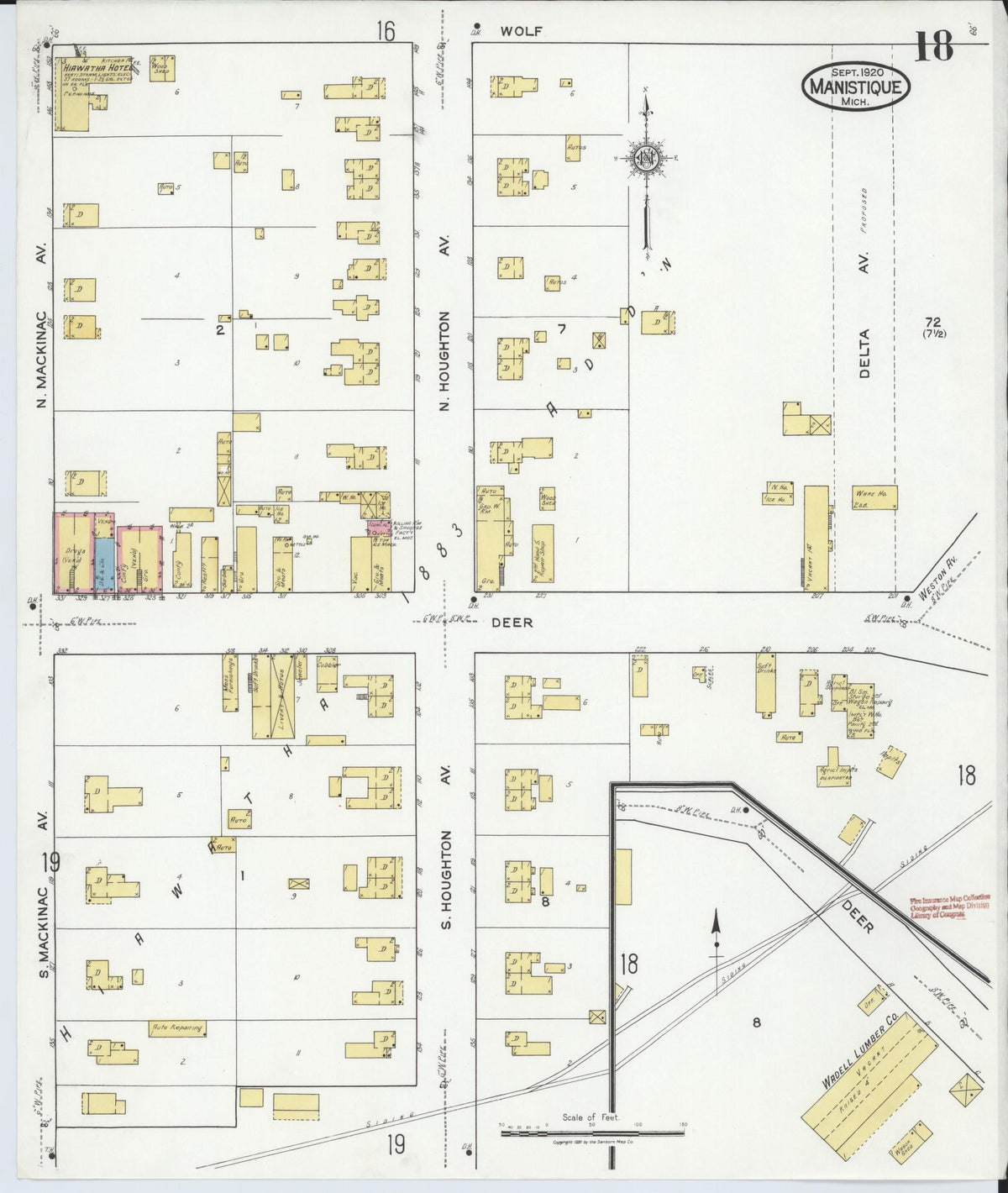 Sanborn Fire Insurance Map from Manistique, Schoolcraft County, Michigan (1920), Sheet #0018 - Historic Sanborn Fire Insurance Map Print, vintage old map wall art, antique decor, genealogy gift, Michigan Michigan map