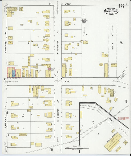 Sanborn Fire Insurance Map from Manistique, Schoolcraft County, Michigan (1920), Sheet #0018 - Historic Sanborn Fire Insurance Map Print, vintage old map wall art, antique decor, genealogy gift, Michigan Michigan map