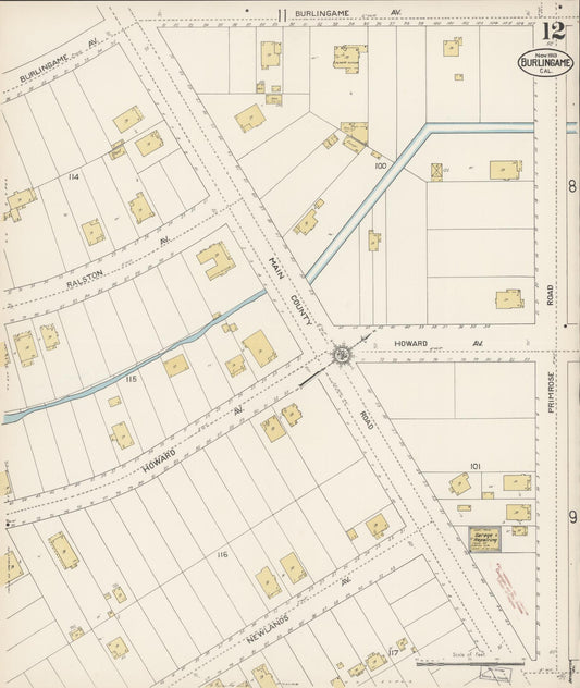 Sanborn Fire Insurance Map from Burlingame, San Mateo County, California (1913), Sheet #0012 - Historic Sanborn Fire Insurance Map Print, vintage old map wall art, antique decor, genealogy gift, California California map