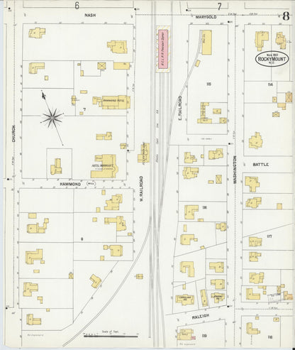 Sanborn Fire Insurance Map from Rocky Mount, Edgecombe And Nash Counties, North Carolina (1901), Sheet #0008 - Historic Sanborn Fire Insurance Map Print, vintage old map wall art, antique decor, genealogy gift, North Carolina North Carolina map