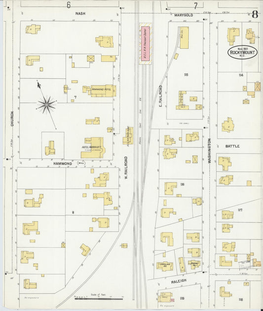 Sanborn Fire Insurance Map from Rocky Mount, Edgecombe And Nash Counties, North Carolina (1901), Sheet #0008 - Historic Sanborn Fire Insurance Map Print, vintage old map wall art, antique decor, genealogy gift, North Carolina North Carolina map