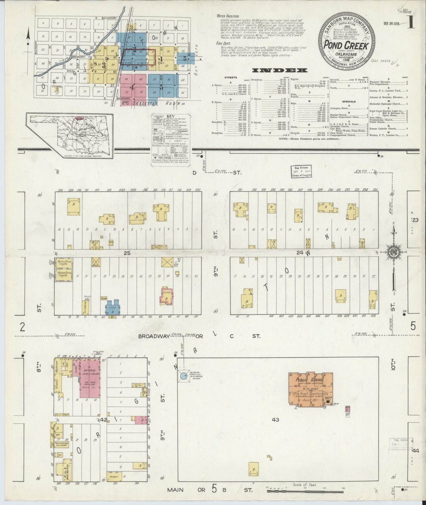 Sanborn Fire Insurance Map from Pond Creek, Grant County, Oklahoma (1916), Sheet #0001 - Complete Map Set gallery image, historic Sanborn map, vintage wall art, Oklahoma Oklahoma