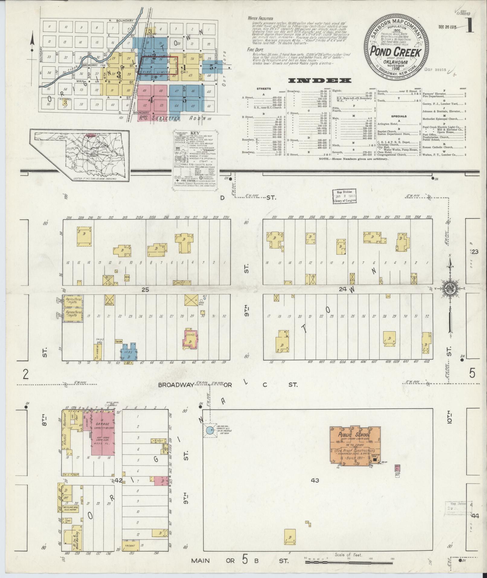 Sanborn Fire Insurance Map from Pond Creek, Grant County, Oklahoma (1916), Sheet #0001 - Complete Map Set gallery image, historic Sanborn map, vintage wall art, Oklahoma Oklahoma