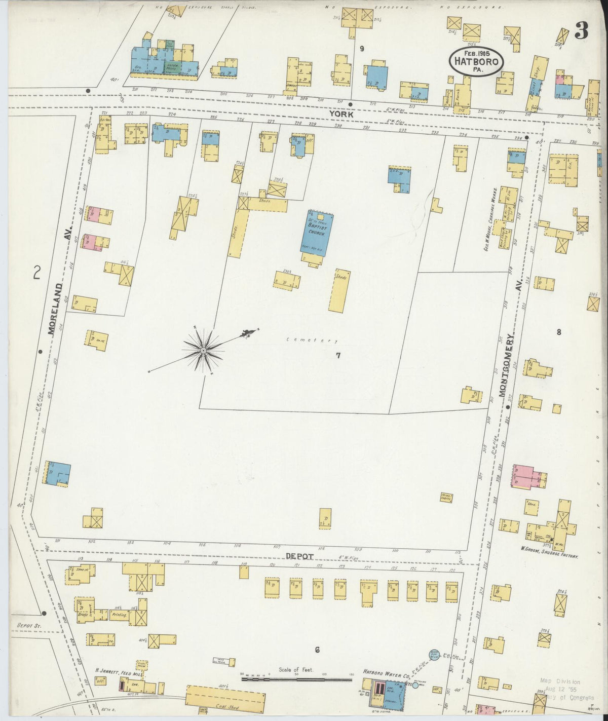 Sanborn Fire Insurance Map from Hatboro, Montgomery County, Pennsylvania (1905), Sheet #0003 - Historic Sanborn Fire Insurance Map Print, vintage old map wall art, antique decor, genealogy gift, Pennsylvania Pennsylvania map