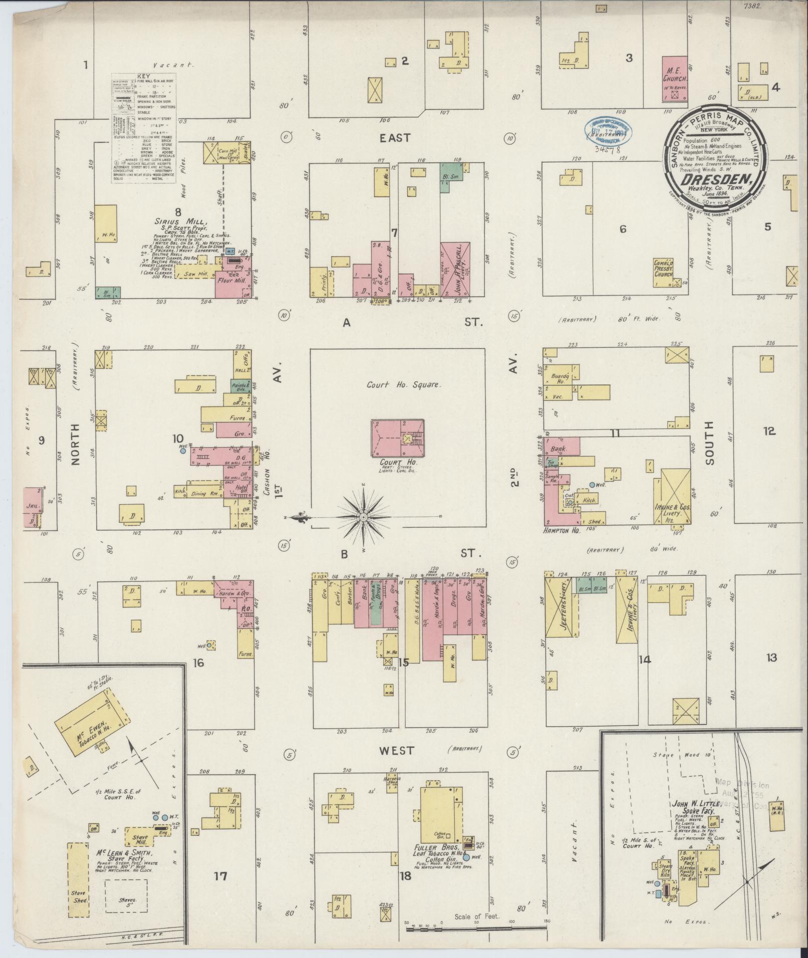 Sanborn Fire Insurance Map from Dresden, Weakley County, Tennessee (1894), Sheet #0001 - Historic Sanborn Fire Insurance Map Print, vintage old map wall art, antique decor, genealogy gift, Tennessee Tennessee map