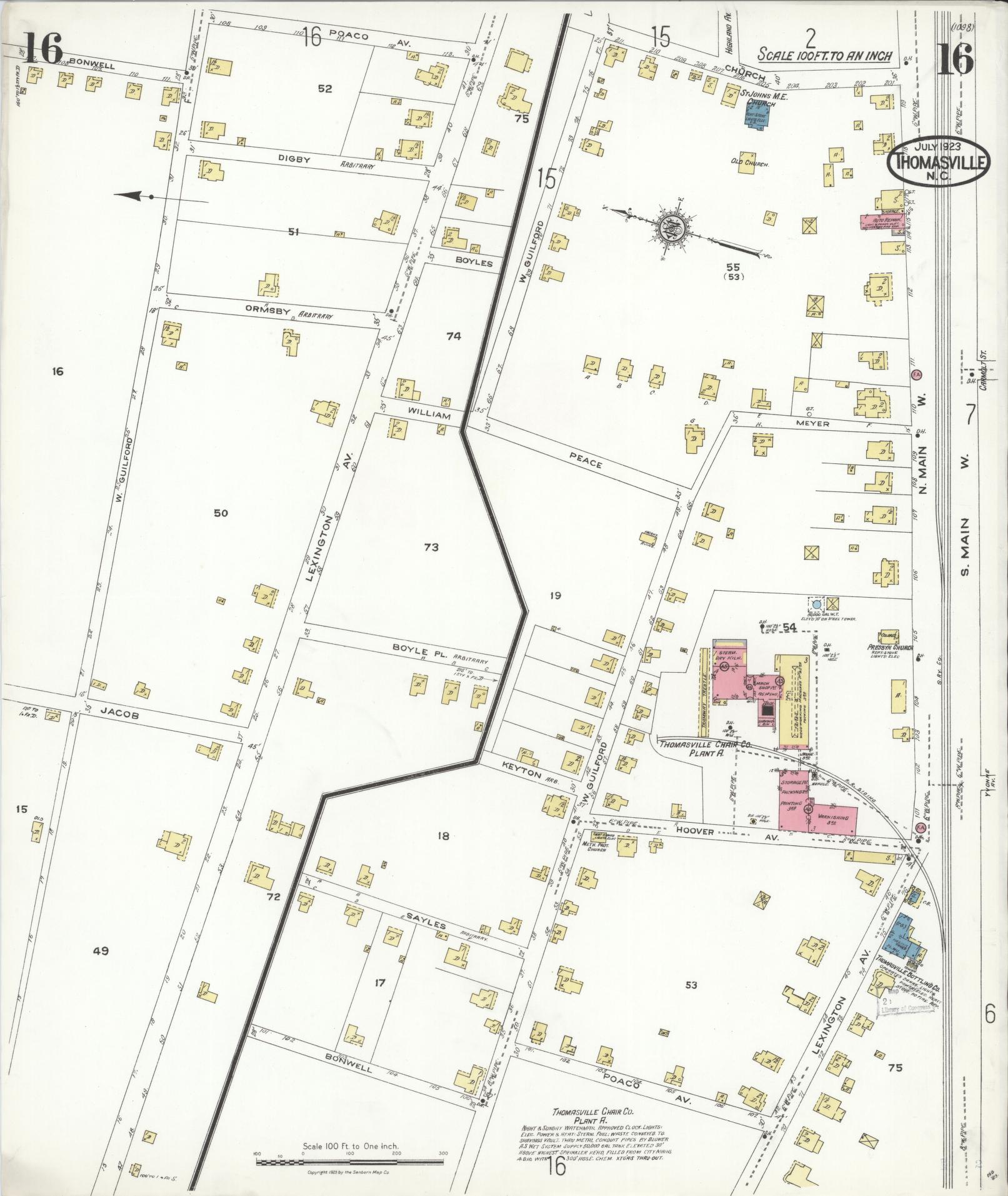 Sanborn Fire Insurance Map from Thomasville, Davidson County, North Carolina (1923), Sheet #0016 - Historic Sanborn Fire Insurance Map Print, vintage old map wall art, antique decor, genealogy gift, North Carolina North Carolina map