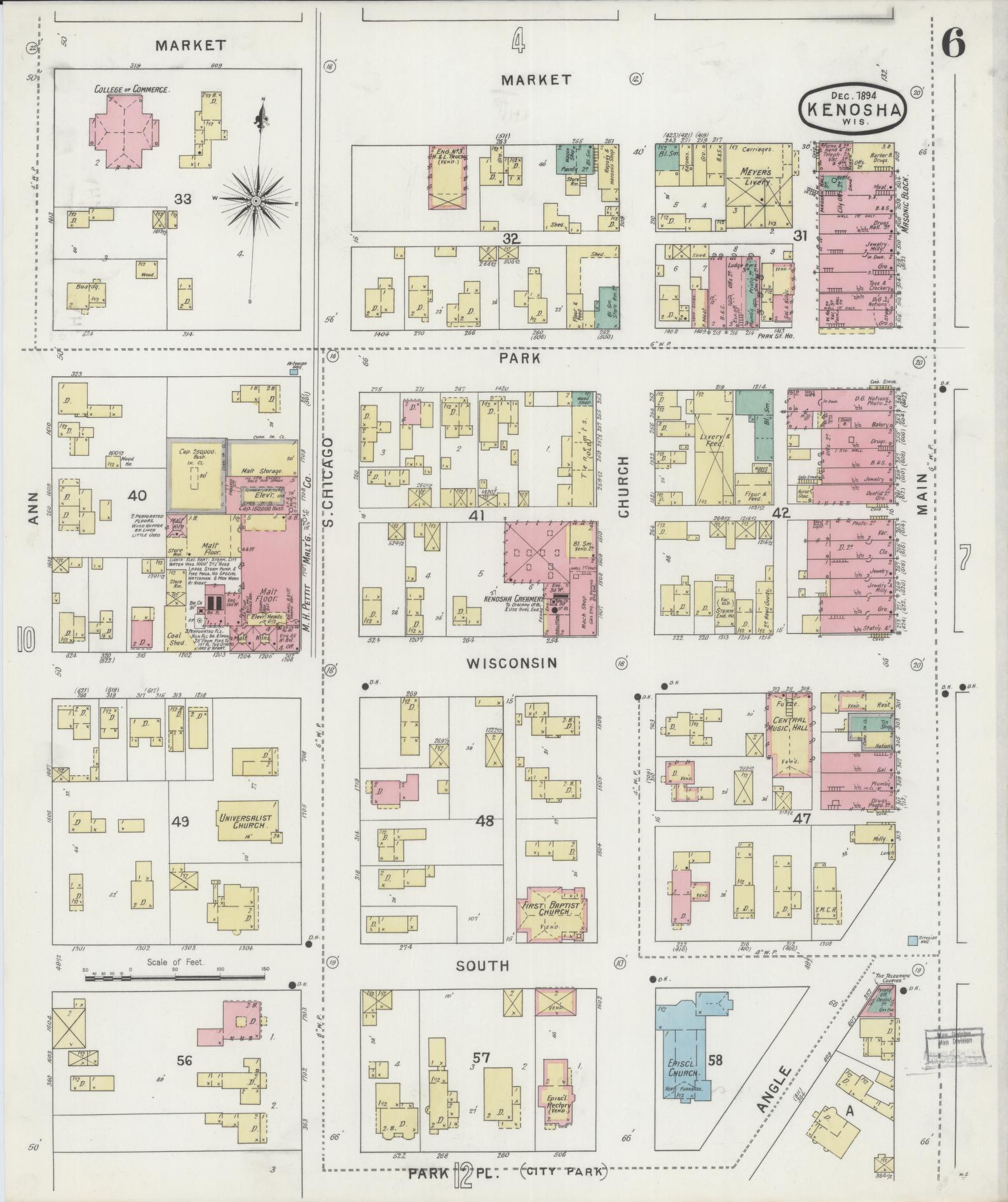 Sanborn Fire Insurance Map from Kenosha, Kenosha County, Wisconsin (1894), Sheet #0006 - Complete Map Set gallery image, historic Sanborn map, vintage wall art, Wisconsin Wisconsin