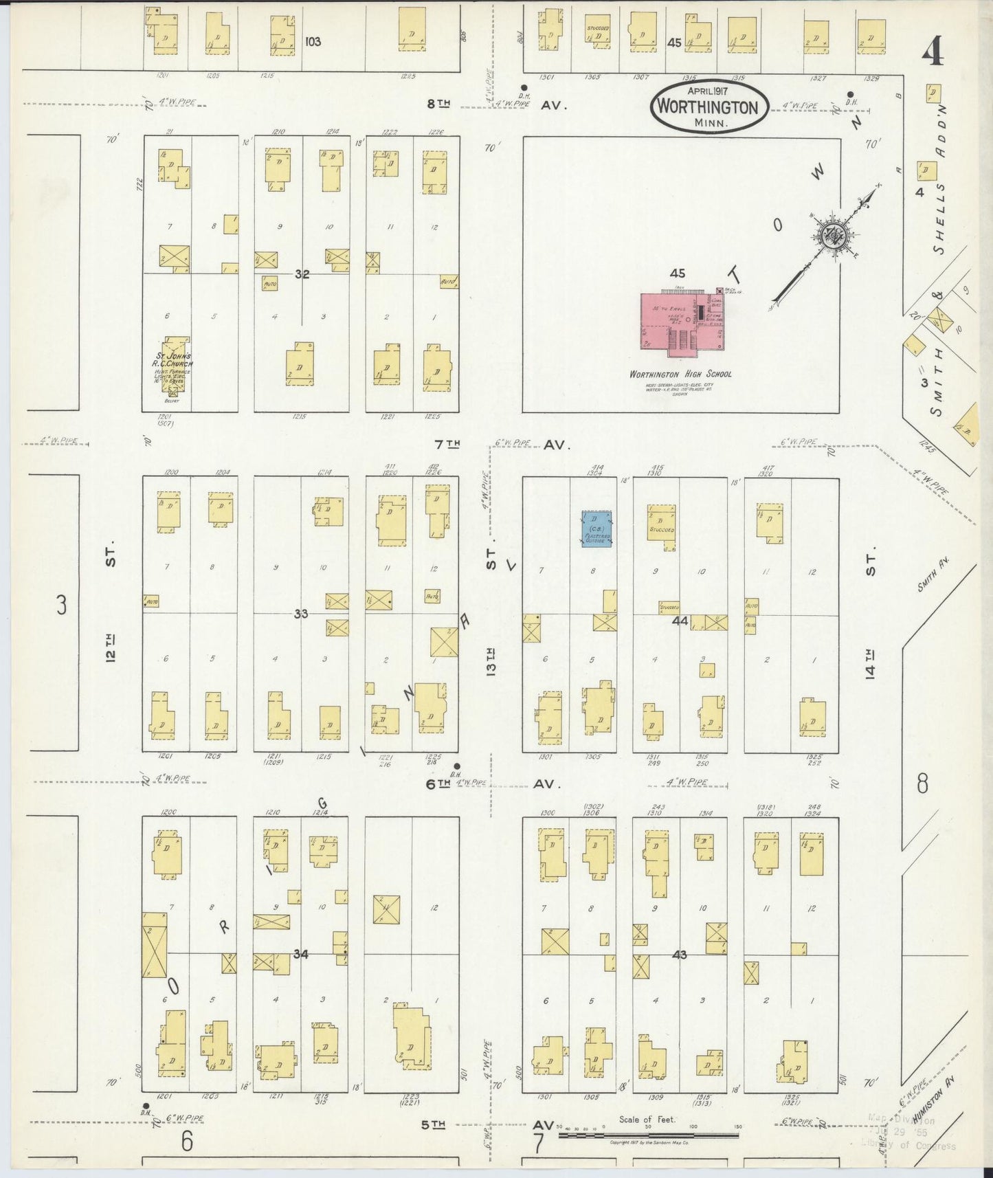 Sanborn Fire Insurance Map from Worthington, Nobles County, Minnesota (1917), Sheet #0004 - Complete Map Set gallery image, historic Sanborn map, vintage wall art, Minnesota Minnesota