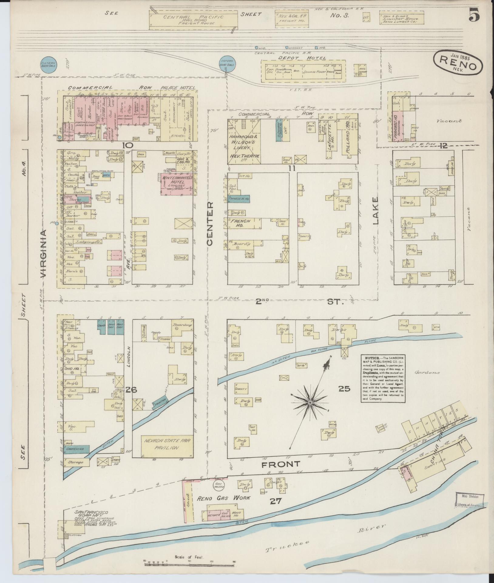 Sanborn Fire Insurance Map from Reno, Washoe County, Nevada (1885), Sheet #0005 - Historic Sanborn Fire Insurance Map Print, vintage old map wall art, antique decor, genealogy gift, Nevada Nevada map