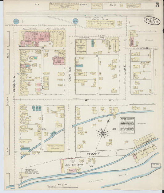 Sanborn Fire Insurance Map from Reno, Washoe County, Nevada (1885), Sheet #0005 - Historic Sanborn Fire Insurance Map Print, vintage old map wall art, antique decor, genealogy gift, Nevada Nevada map