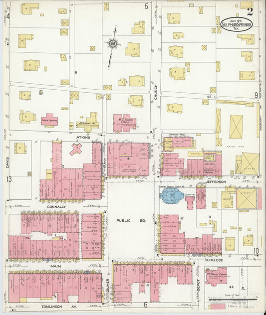 Sanborn Fire Insurance Map from Sulphur Springs, Hopkins County, Texas (1915), Sheet #0002 - Historic Sanborn Fire Insurance Map Print, vintage old map wall art, antique decor, genealogy gift, Texas Texas map
