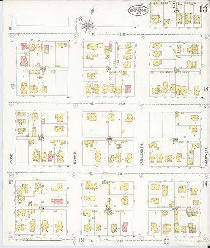 Sanborn Fire Insurance Map from Cheyenne, Laramie County, Wyoming (1907), Sheet #0013 - Complete Map Set gallery image, historic Sanborn map, vintage wall art, Wyoming Wyoming