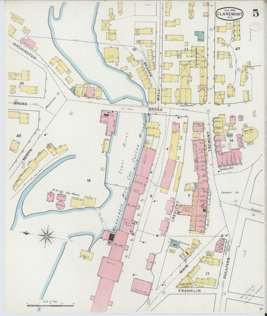 Sanborn Fire Insurance Map from Claremont, Sullivan County, New Hampshire (1894), Sheet #0005 - Historic Sanborn Fire Insurance Map Print, vintage old map wall art, antique decor, genealogy gift, New Hampshire New Hampshire map