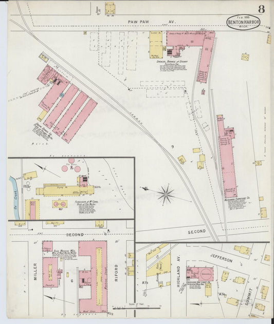 Sanborn Fire Insurance Map from Benton Harbor, Berrien County, Michigan (1895), Sheet #0008 - Historic Sanborn Fire Insurance Map Print, vintage old map wall art, antique decor, genealogy gift, Michigan Michigan map