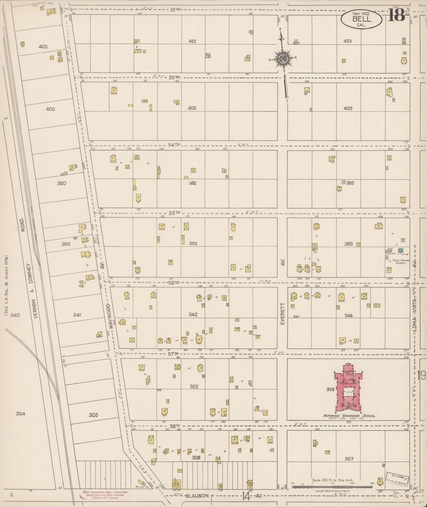 Sanborn Fire Insurance Map from Bell, Los Angeles County, California (1922), Sheet #0018 - Historic Sanborn Fire Insurance Map Print, vintage old map wall art, antique decor, genealogy gift, California California map