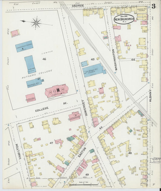 Sanborn Fire Insurance Map from New Brunswick, Middlesex County, New Jersey (1892), Sheet #0003 - Historic Sanborn Fire Insurance Map Print, vintage old map wall art, antique decor, genealogy gift, New Jersey New Jersey map
