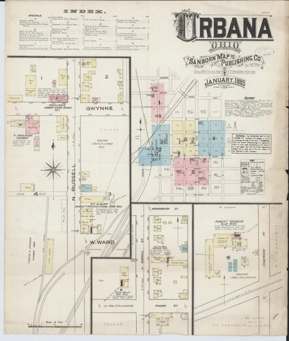 Sanborn Fire Insurance Map from Urbana, Champaign County, Ohio (1885), Sheet #0001 - Historic Sanborn Fire Insurance Map Print, vintage old map wall art, antique decor, genealogy gift, Ohio Ohio map
