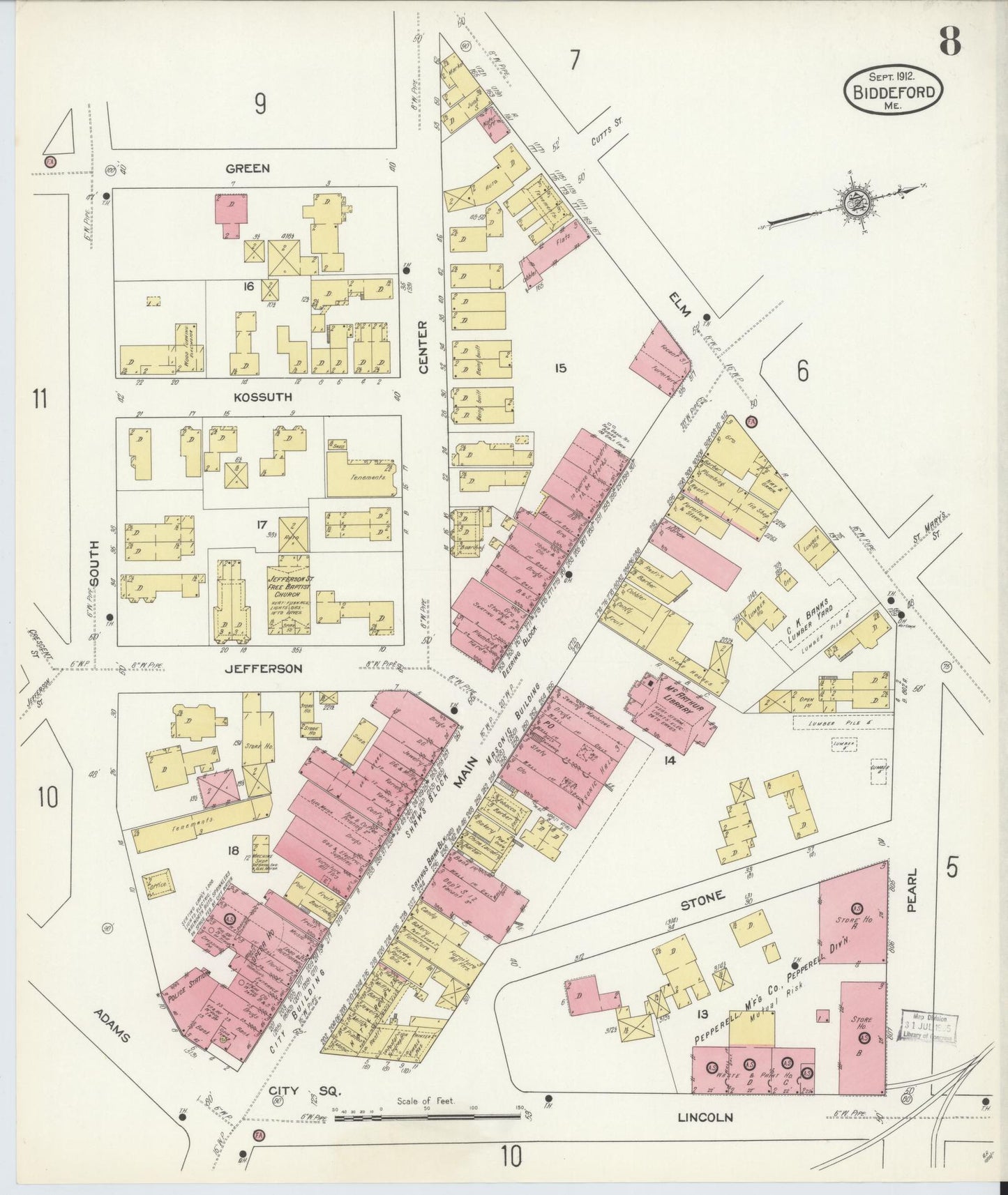 Sanborn Fire Insurance Map from Biddeford, York County, Maine (1912), Sheet #0008 - Historic Sanborn Fire Insurance Map Print, vintage old map wall art, antique decor, genealogy gift, Maine Maine map