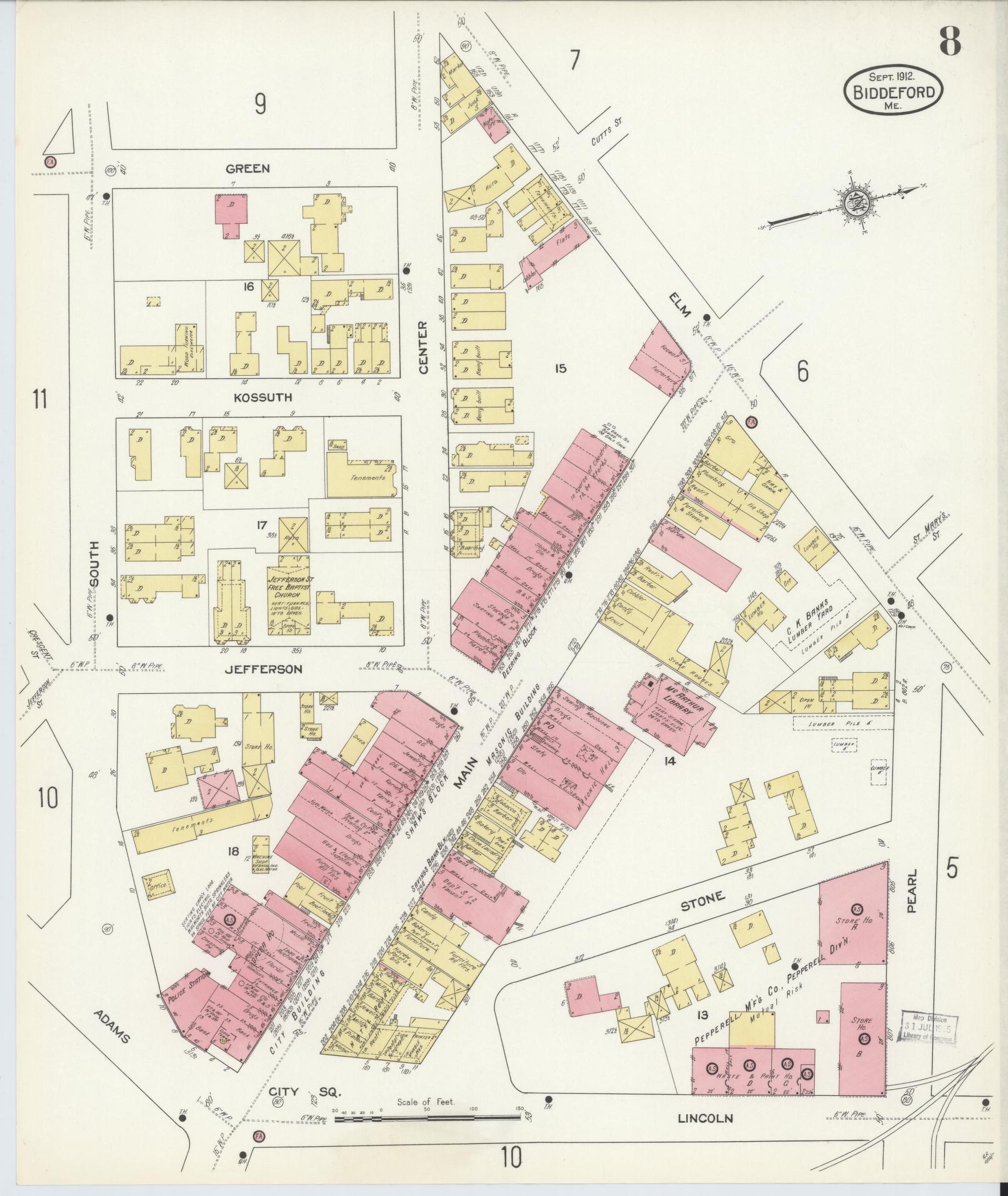 Sanborn Fire Insurance Map from Biddeford, York County, Maine (1912), Sheet #0008 - Historic Sanborn Fire Insurance Map Print, vintage old map wall art, antique decor, genealogy gift, Maine Maine map