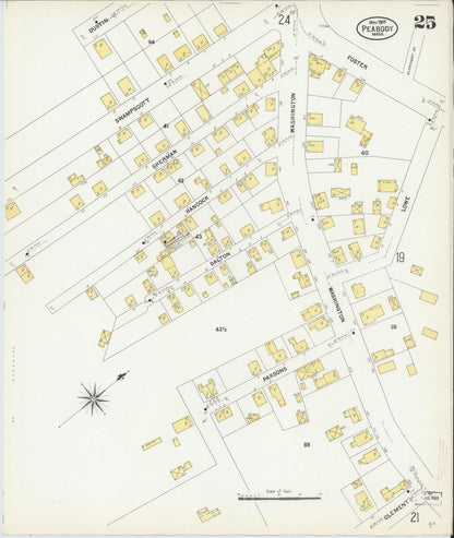 Sanborn Fire Insurance Map from Peabody, Essex County, Massachusetts (1907), Sheet #0025 - Historic Sanborn Fire Insurance Map Print, vintage old map wall art, antique decor, genealogy gift, Massachusetts Massachusetts map