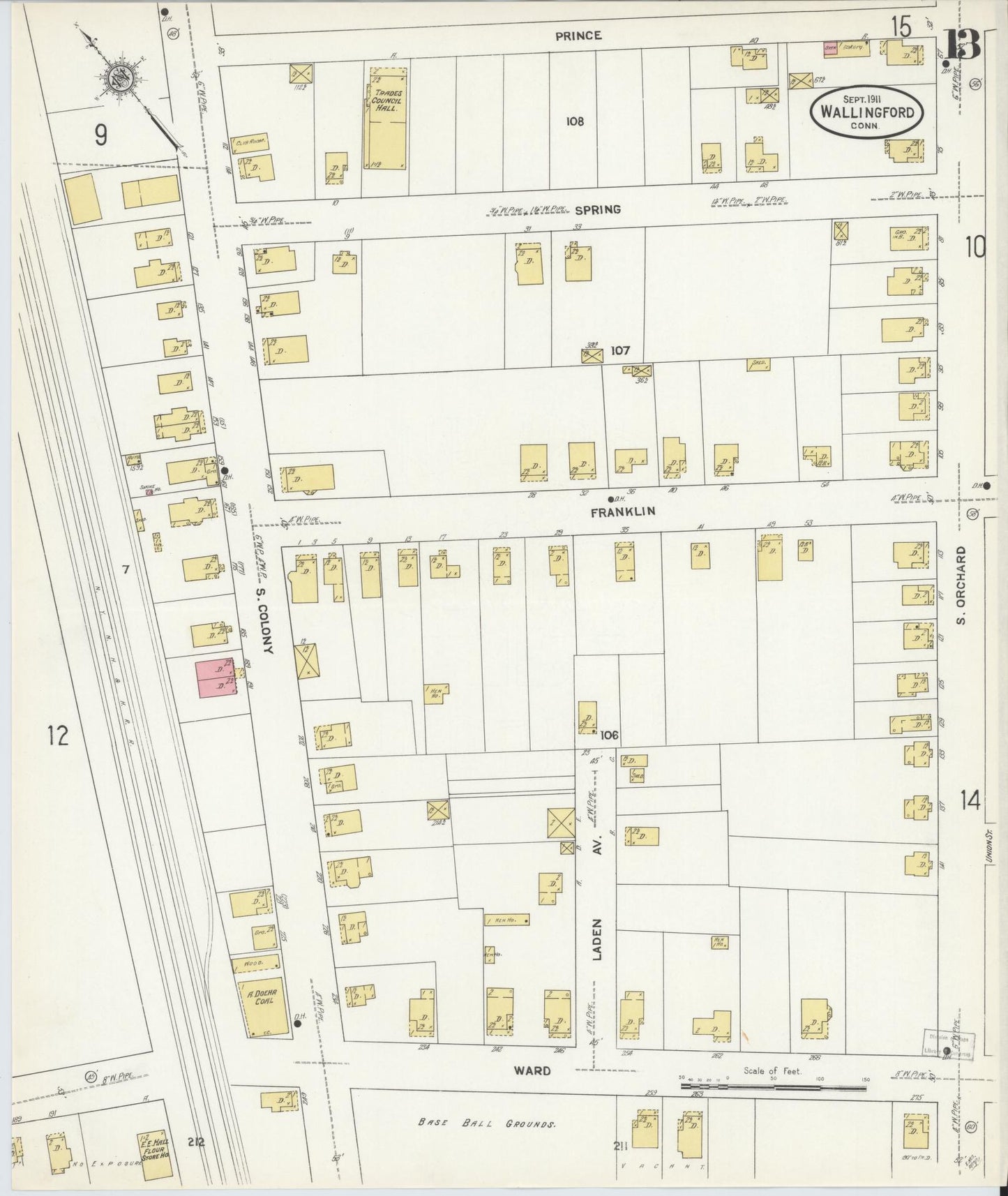 Sanborn Fire Insurance Map from Wallingford, New Haven County, Connecticut (1911), Sheet #0013 - Complete Map Set gallery image, historic Sanborn map, vintage wall art, Connecticut Connecticut