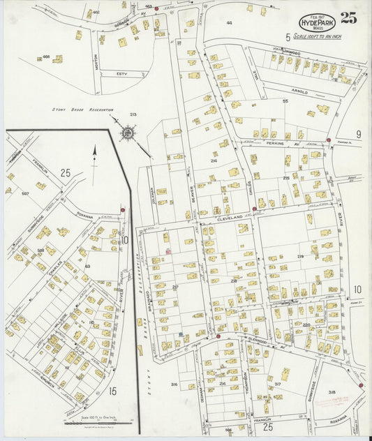 Sanborn Fire Insurance Map from Hyde Park, Norfolk County, Massachusetts (1917), Sheet #0025 - Historic Sanborn Fire Insurance Map Print, vintage old map wall art, antique decor, genealogy gift, Massachusetts Massachusetts map
