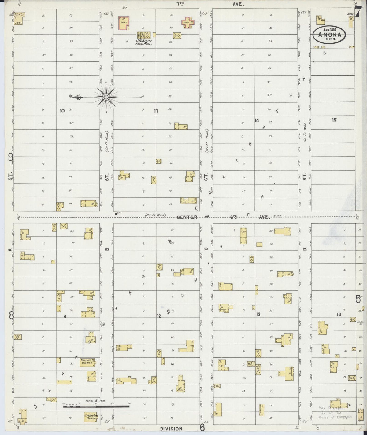 Sanborn Fire Insurance Map from Anoka, Anoka County, Minnesota (1898), Sheet #0007 - Complete Map Set gallery image, historic Sanborn map, vintage wall art, Minnesota Minnesota