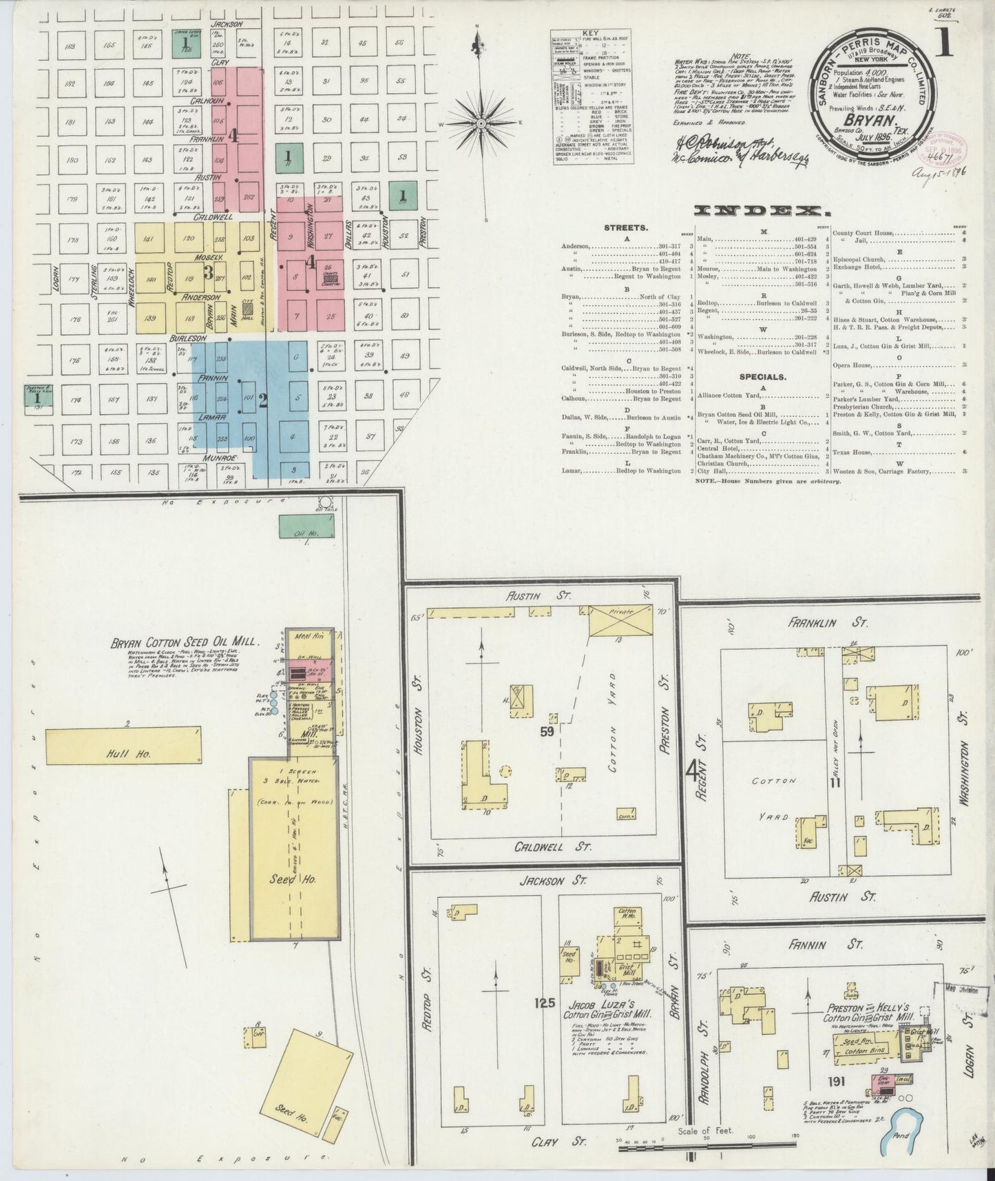 Sanborn Fire Insurance Map from Bryan, Brazos County, Texas (1896), Sheet #0001 - Historic Sanborn Fire Insurance Map Print, vintage old map wall art, antique decor, genealogy gift, Texas Texas map