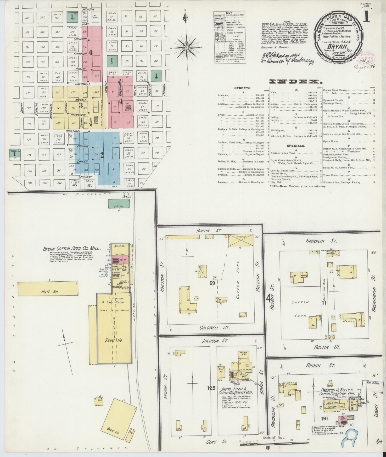Sanborn Fire Insurance Map from Bryan, Brazos County, Texas (1896), Sheet #0001 - Historic Sanborn Fire Insurance Map Print, vintage old map wall art, antique decor, genealogy gift, Texas Texas map