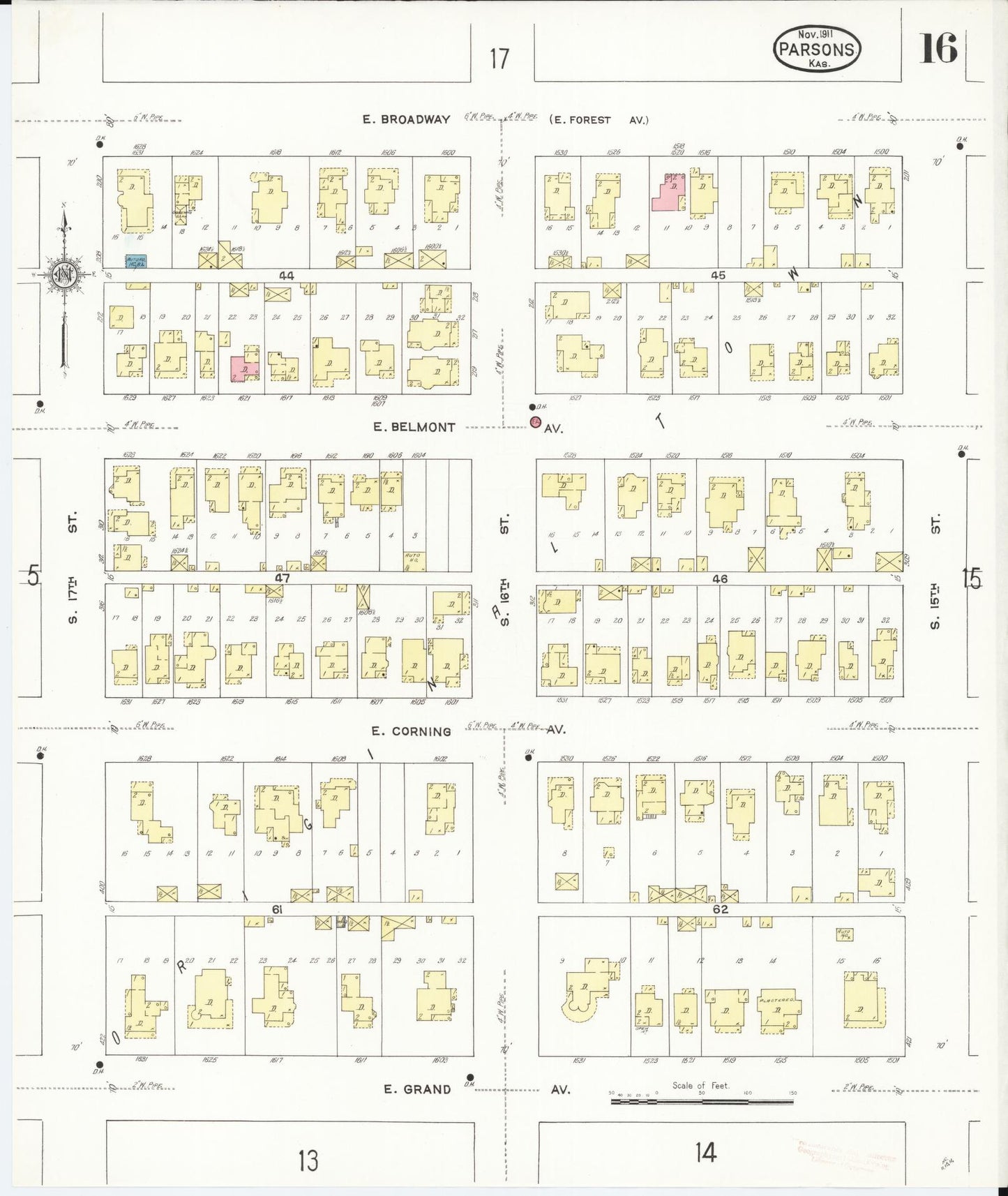 Sanborn Fire Insurance Map from Parsons, Labette County, Kansas (1911), Sheet #0016 - Historic Sanborn Fire Insurance Map Print, vintage old map wall art, antique decor, genealogy gift, Kansas Kansas map