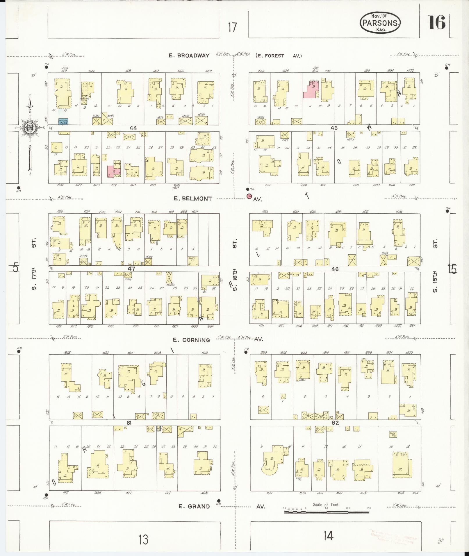 Sanborn Fire Insurance Map from Parsons, Labette County, Kansas (1911), Sheet #0016 - Historic Sanborn Fire Insurance Map Print, vintage old map wall art, antique decor, genealogy gift, Kansas Kansas map