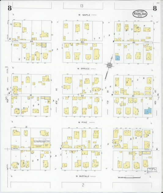 Sanborn Fire Insurance Map from Rawlins, Carbon County, Wyoming (1931), Sheet #0008 - Historic Sanborn Fire Insurance Map Print, vintage old map wall art, antique decor, genealogy gift, Wyoming Wyoming map