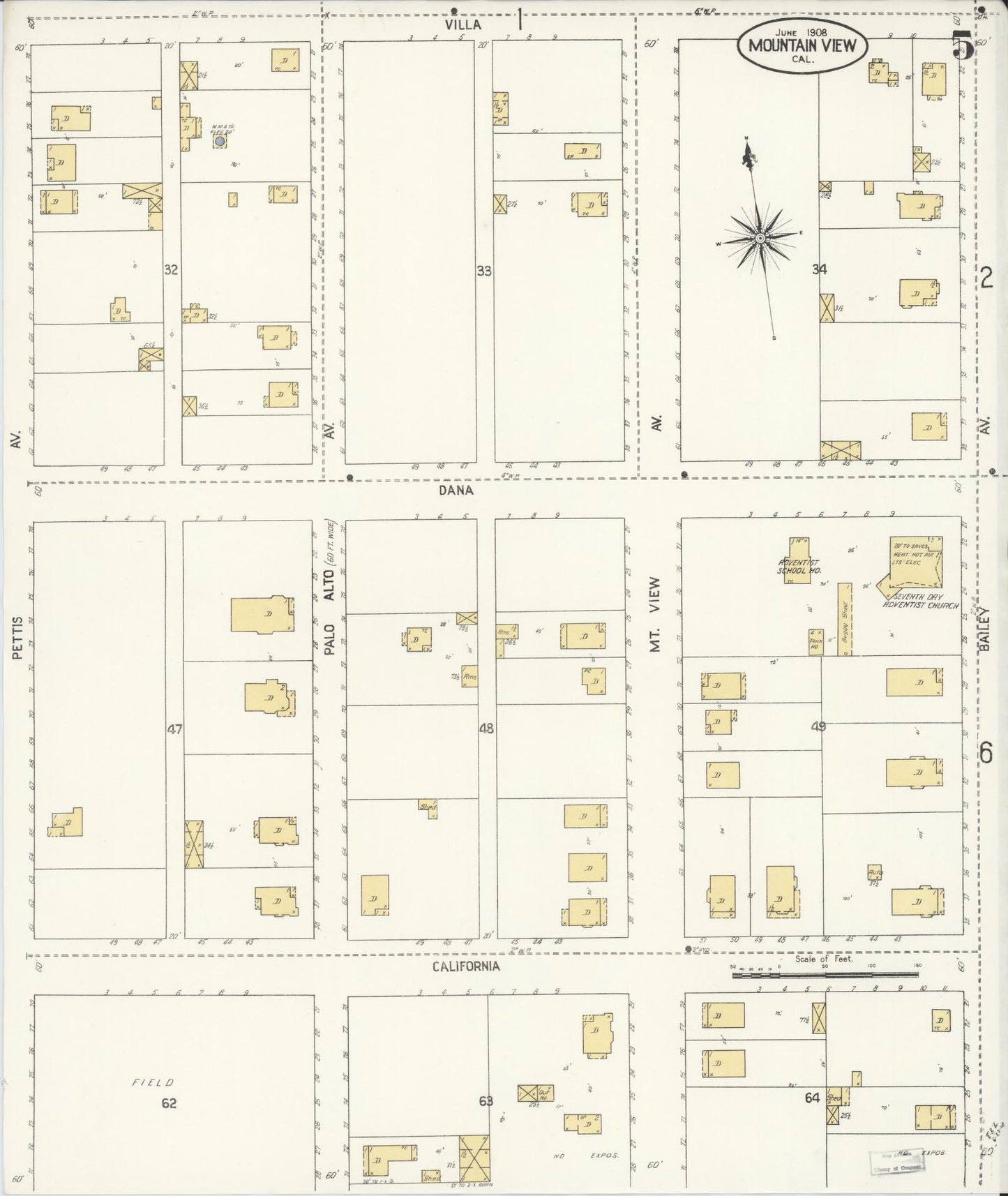 Sanborn Fire Insurance Map from Mountain View, Santa Clara County, California (1908), Sheet #0005 - Complete Map Set gallery image, historic Sanborn map, vintage wall art, California California