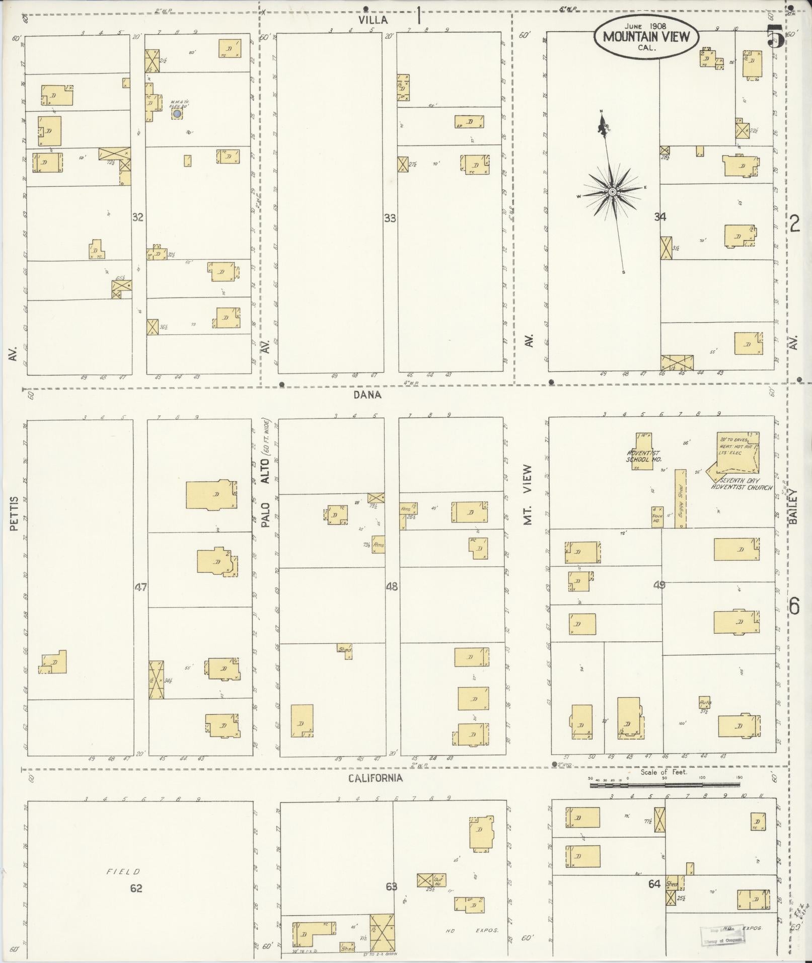 Sanborn Fire Insurance Map from Mountain View, Santa Clara County, California (1908), Sheet #0005 - Complete Map Set gallery image, historic Sanborn map, vintage wall art, California California